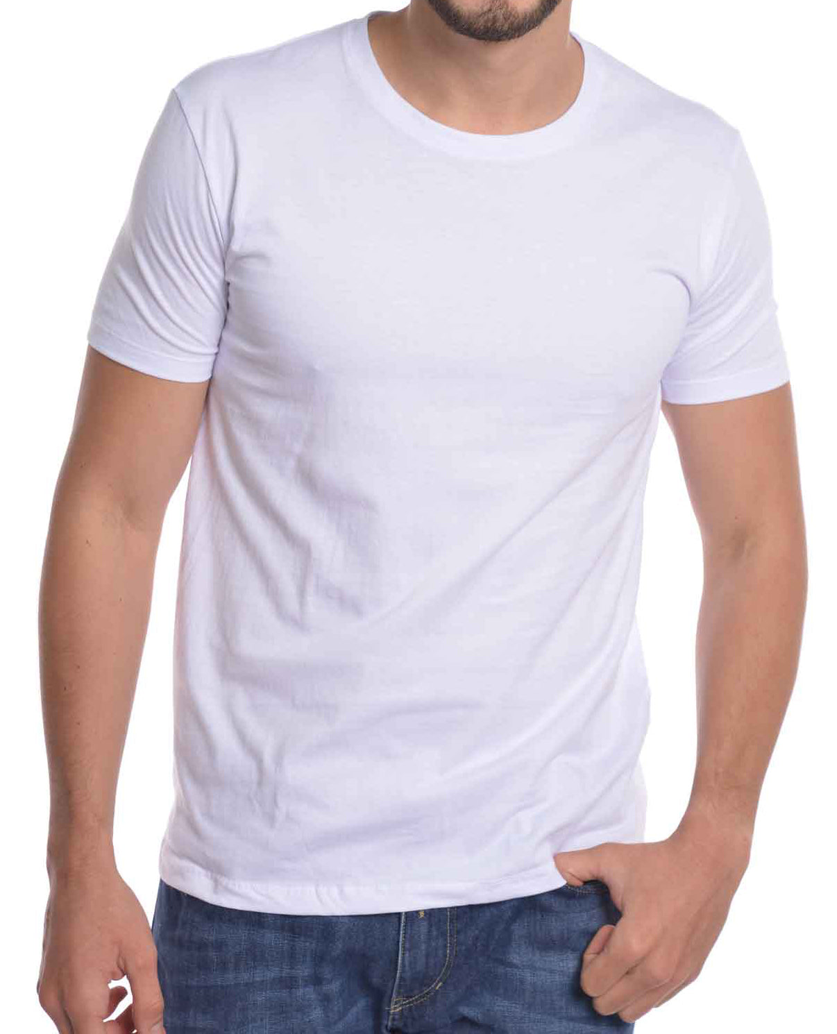 A male model wearing a white short sleeve t-shirt with a classic striped design.